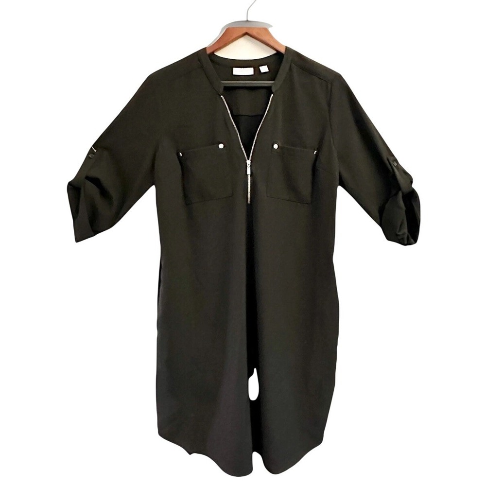 New York & Company Dress Women's M Black Midi Zipper Front Roll Sleeves - Casual